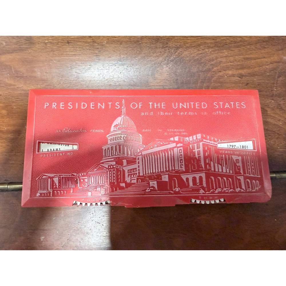 Vintage 1960 Sterling Educator Pencil Case Top US Presidents Red Plastic Lid